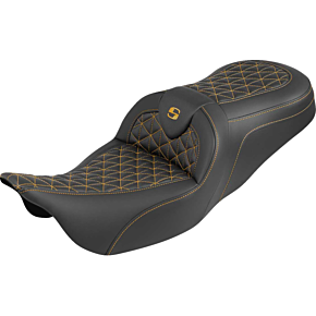 RoadSofa™ Tri Gripper Seat - Standard Reach - Gold Stitch - w/o Backrest - FLH/FLT '08-'25 808-07B-21007