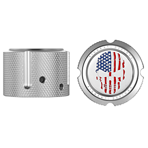 Figurati Designs Front Axle Nut Cover - Stainless Steel - Red/White/Blue Flag Skull FD24-FAC-SS