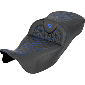 RoadSofa™ Tri Gripper Seat - Extended Reach - Blue Stitch - w/o Backrest - FLH/FLT '08-'25 808-07B-21101