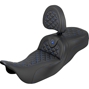 RoadSofa™ Tri Gripper Seat - Extended Reach - Blue Stitch - w/ Backrest - FLH/FLT '08-'25 808-07B-211B1