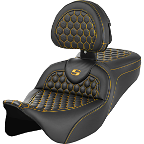RoadSofa™ Seat - Honeycomb - Gold Stitch - with Backrest - FLH/FLT '08-'23 808-07B-189B7