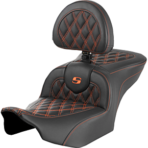 RoadSofa™ Seat - with Backrest - Lattice Stitch - Orange Stitch - FLTR/FLHX '23-'24 823-07-182B3