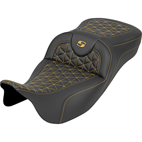 RoadSofa™ Tri Gripper Seat - Extended Reach - Gold Stitch - w/o Backrest - FLH/FLT '08-'25 808-07B-21107