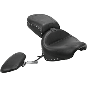 Mustang Seat - Wide Touring - With Driver Backrest - Two-Piece - Chrome Studded - Black w/Conchos 79190