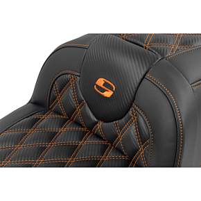RoadSofa™ Seat - with Backrest - Carbon Fiber - Lattice Stitch - Orange Stitch - FLTR/FLHX '23-'24 823-07-206B3