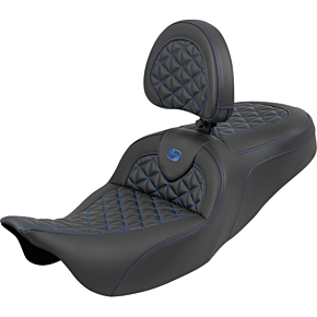 RoadSofa™ Tri Gripper Seat - Standard Reach - Blue Stitch - w/ Backrest - FLH/FLT '08-'25 808-07B-210B1