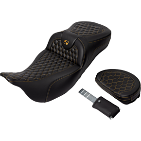RoadSofa™ Seat - Honeycomb - Gold Stitch - with Backrest - Extended Reach - FLH/FLT '08-'24 808-07B-190B7