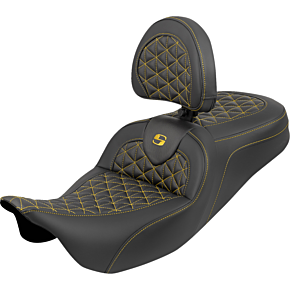 RoadSofa™ Tri Gripper Seat - Standard Reach - Gold Stitch - w/ Backrest - FLH/FLT '08-'25 808-07B-210B7