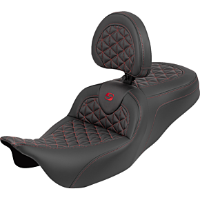 RoadSofa™ Tri Gripper Seat - Standard Reach - Red Stitch - w/ Backrest - FLH/FLT '08-'25 808-07B-210B4