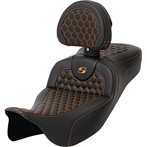 RoadSofa™ Seat - Honeycomb - Orange Stitch - with Backrest - Extended Reach - FLH/FLT '08-'24 808-07B-190B3