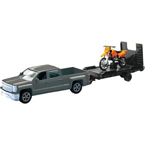 NEW-RAY Replica 1:43 Trk/trailer/bike Chevy Silver/bike Orange