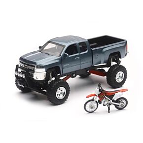 NEW-RAY Replica 1:43 Truck/race Bike Chevy Grey/honda Bike Red