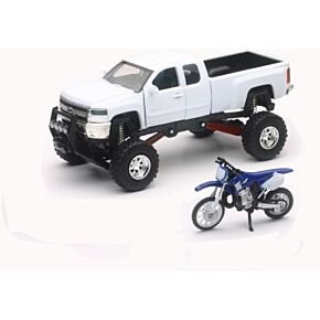 NEW-RAY Replica 1:43 Truck/race Bike Chevy White/yamaha Bike Blue