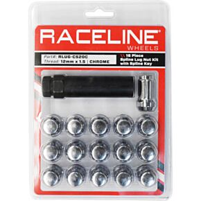 RACELINE Raceline Spline Lug Nut Kit with Spline Key 12 x 1.5 - 16 Pack - Chrome - RLUG-CS20C