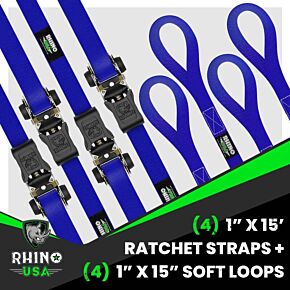 Rhino USA Rhino USA Medium Duty Ratchet Strap Tie-Down 4-Pack (Blue) - RCHT-4PACK-BLU