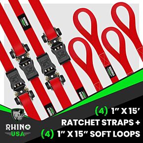 Rhino USA Rhino USA Medium Duty Ratchet Strap Tie-Down 4-Pack (Red) - RCHT-4PACK-RED